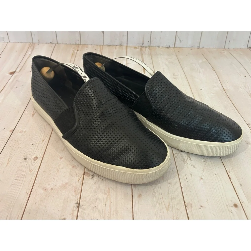 Vince Womens Blair Slip On Sneaker Perforated Black Leather Casual Loafers 9.5 M